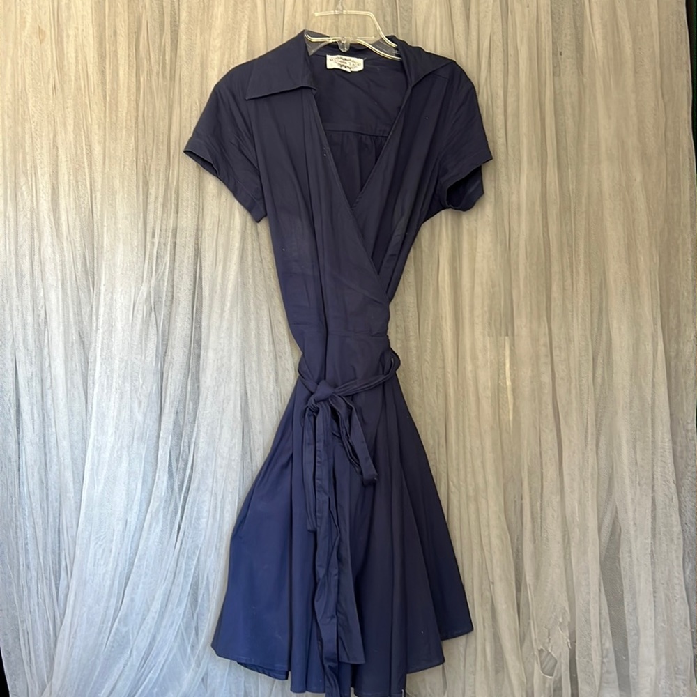 ⭐️ Maggie Tang Rockabilly swing blue wrap a-line midi pin-up dress pockets M